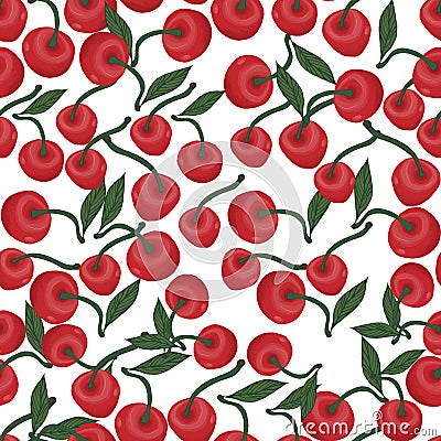 Seamless pattern of red cherries with greens, leaf on a white background Stock Photo